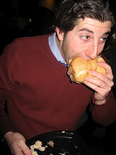 Lee eats roast beef sandwiches (Sixers game).