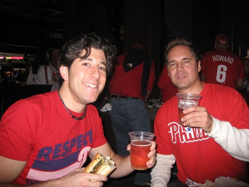 Brick & Lee eat chicken sandwiches & drink Flying Fish brews. (2009 NLCS Game 5 clincher)