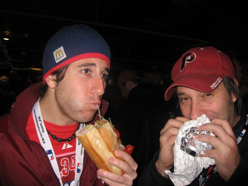G eats a cheesesteak ... Lee drinks a hoagie thru an onion straw? (2009 WS Game 3 rain delay)