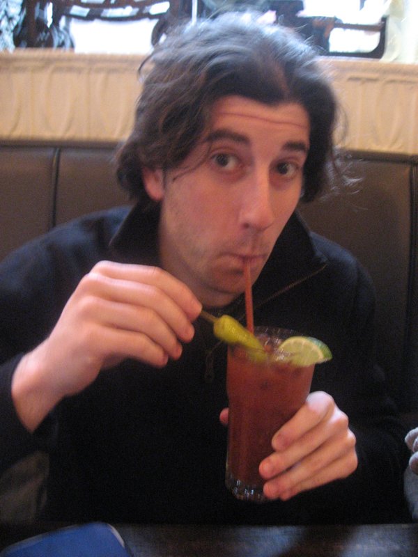 Lee drinks a Bloody Maria.