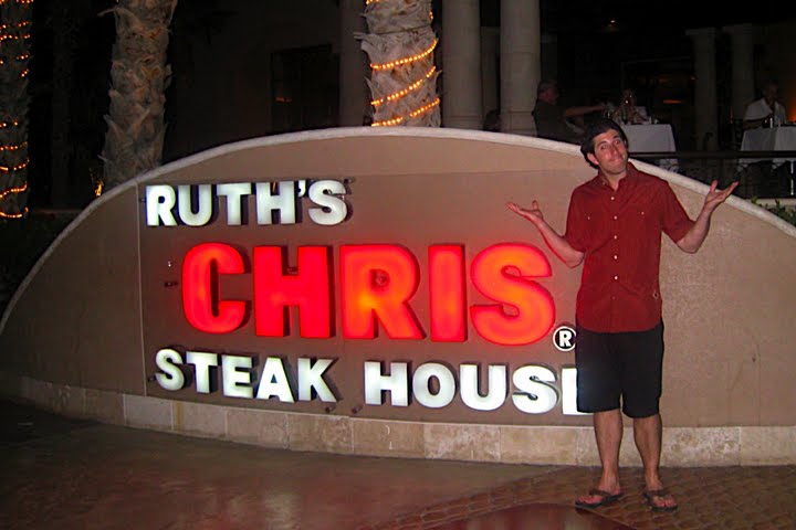Lee shrugs at Ruth Chris\' Steak House in Cabo, Mexico.