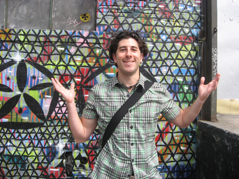 Lee shrugs outside his ole\' Brooklyn abode (Front Room Art Gallery, Williamsburg).