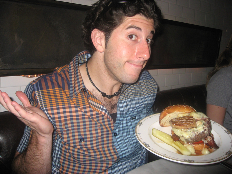 Lee shrugs at the Whiskey King burger (Village Whiskey, Philly)