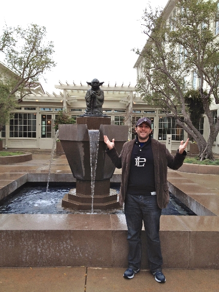 Lee shrugs at the Yoda Fountain (Lucasfilms, San Francisco)