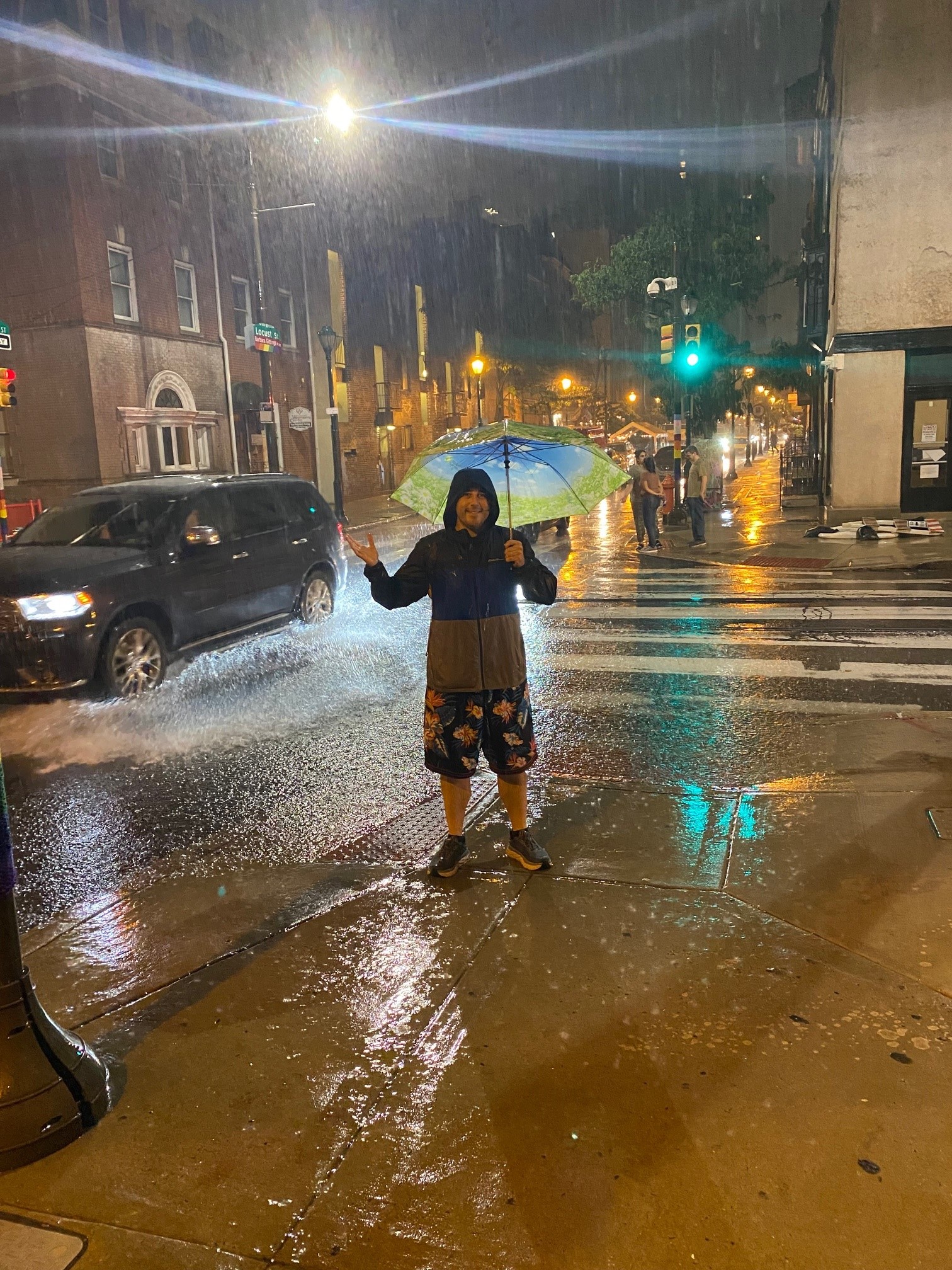 Lee shrugs in the Philly rain.